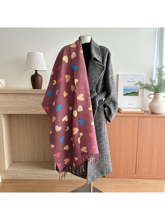 Scarvii - Ribbed Heart Pattern Fringed Winter Scarf
