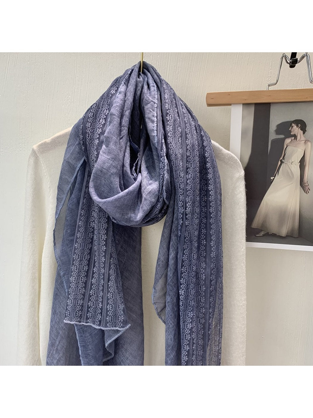 Scarvii - Lace Trim Solid Color Long Fashion Scarf