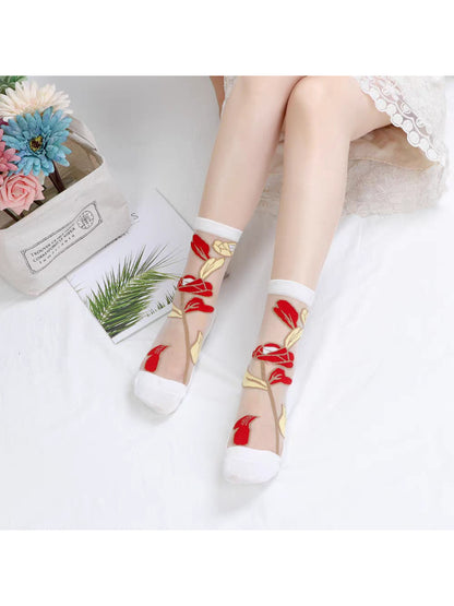 Rufia - Colorblock Sheer Floral Design Socks