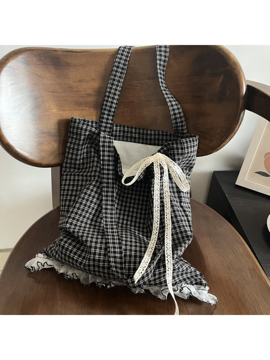 Cosbai plaid tote bag with lace bow front view on white background