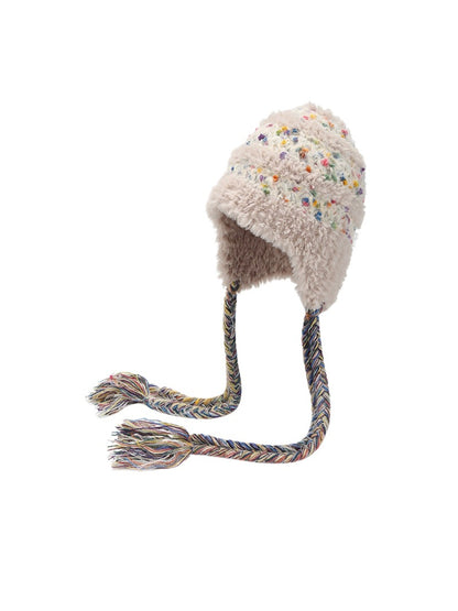 Haila – Plush Knitted Beanie with Colorful Dots & Earflap & Ties