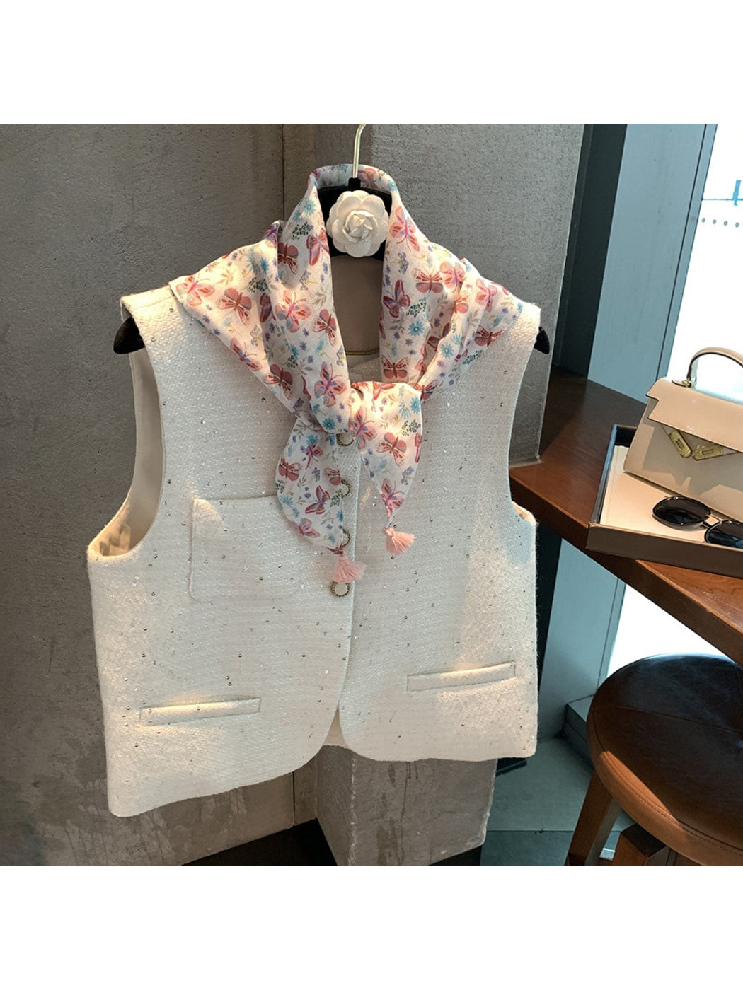 Scarvii - Butterfly Floral Print Tassel Square Scarf