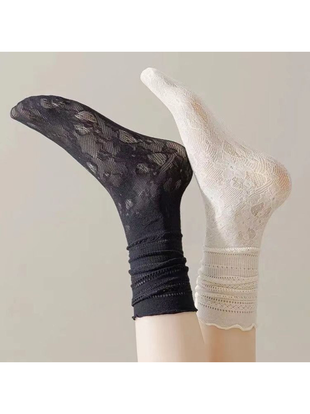 Rufia Sheer Heart Pattern Crew Socks worn on feet with pink hearts on white background