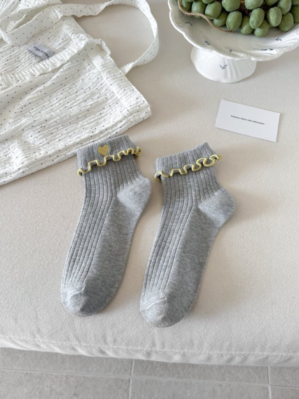 Pink Rufia Sweet Heart Edge Ribbed Socks folded neatly with heart scalloped edges prominent