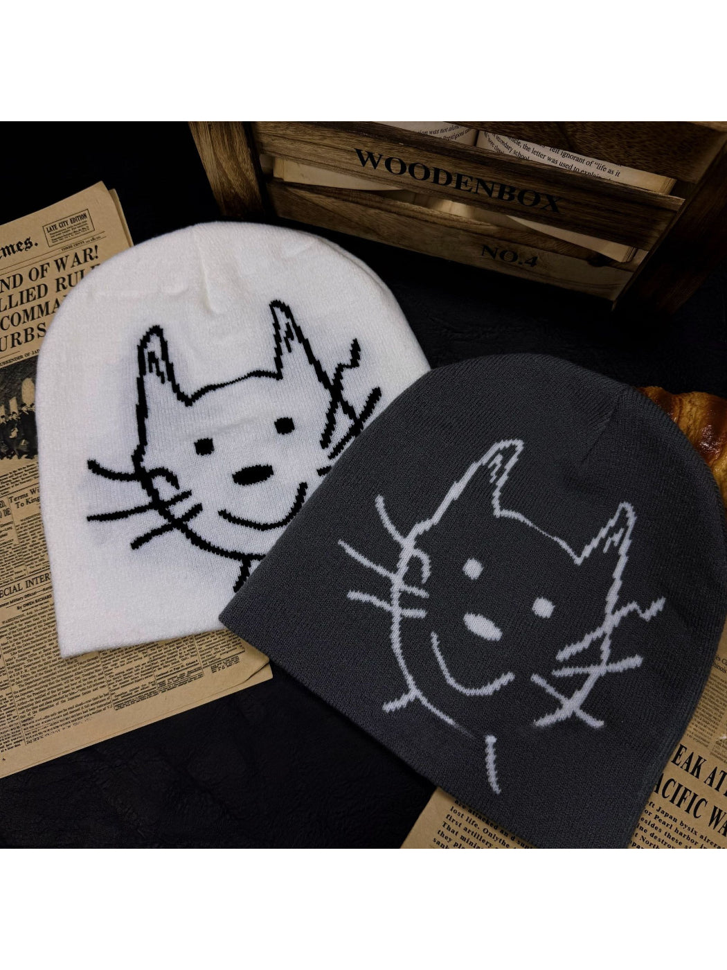 Haila - Cat Face Graphic Knit Slouchy Beanie