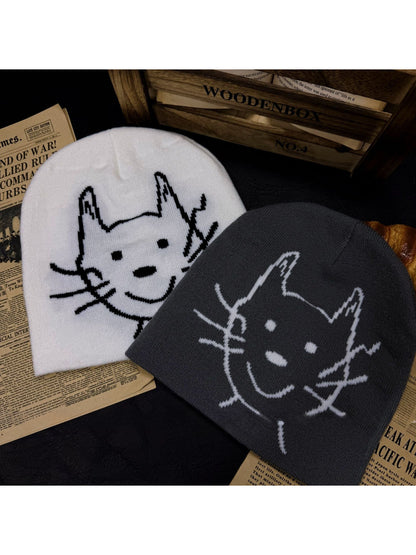 Haila - Cat Face Graphic Knit Slouchy Beanie