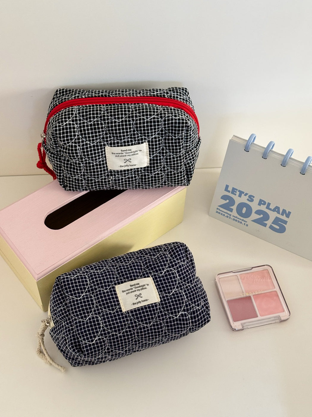 Cosbai soft quilted check toiletry bag with handle visible on side