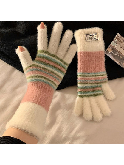 Gloving - Plush Stripe Finger-Opening Winter Gloves