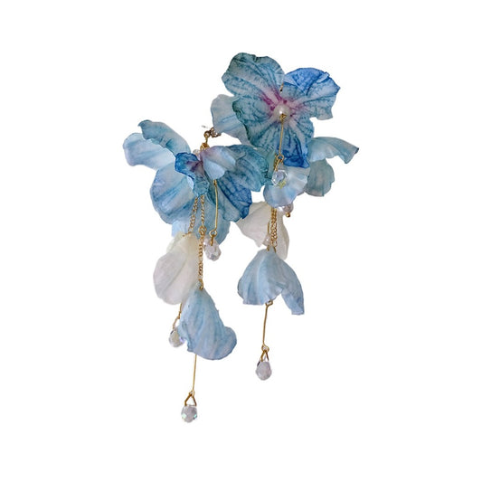 Earwish - Elegant Ocean Blue Floral Long Fringe Earrings