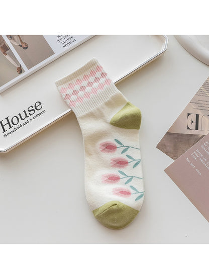 Rufia - Floral Ruffle Cuff Casual Crew Socks