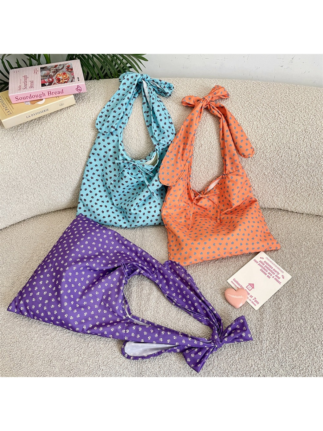 Cosbai floral bow knot shoulder bag in beige with pink and green flower print