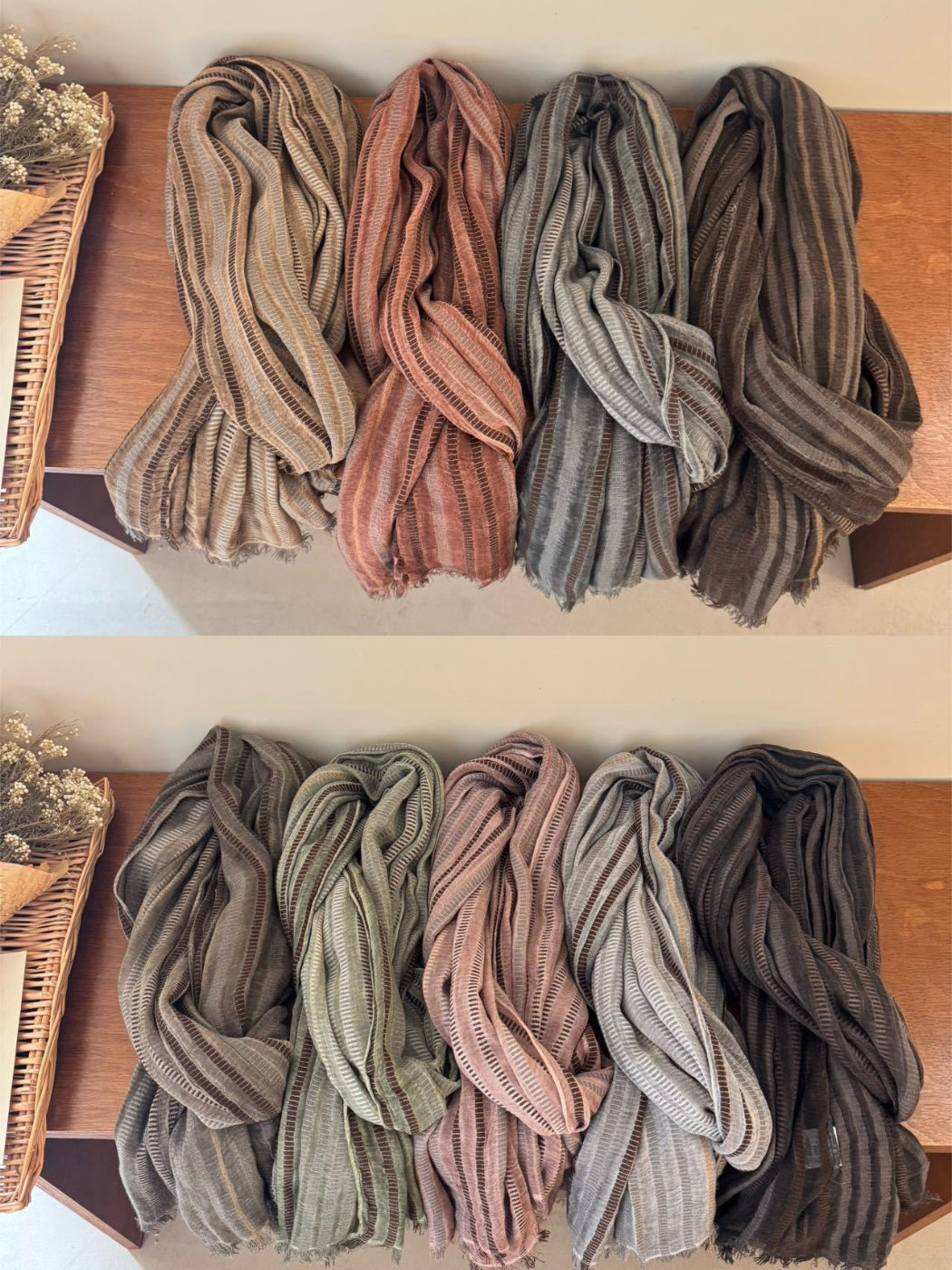 Scarvii textured stripe long scarf shown in natural light on wooden surface