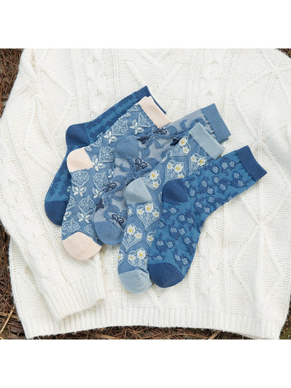 Rufia - Retro Blue Floral Mid-Calf Socks - Classic & Elegant