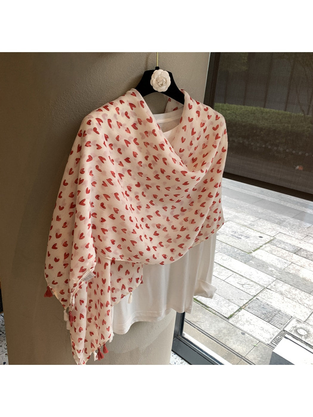 Scarvii - Heart Pattern Tassel Long Rectangular Shawl