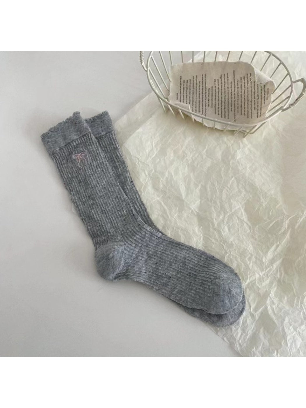 Rufia - Bow Embroidered Ruffle Cuff Heathered Crew Socks