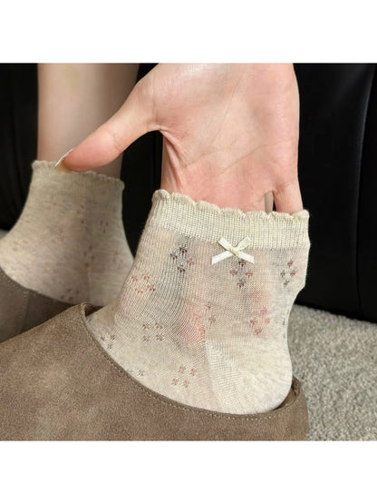 Rufia - Ribbon Bow Accent Openwork Ankle Socks