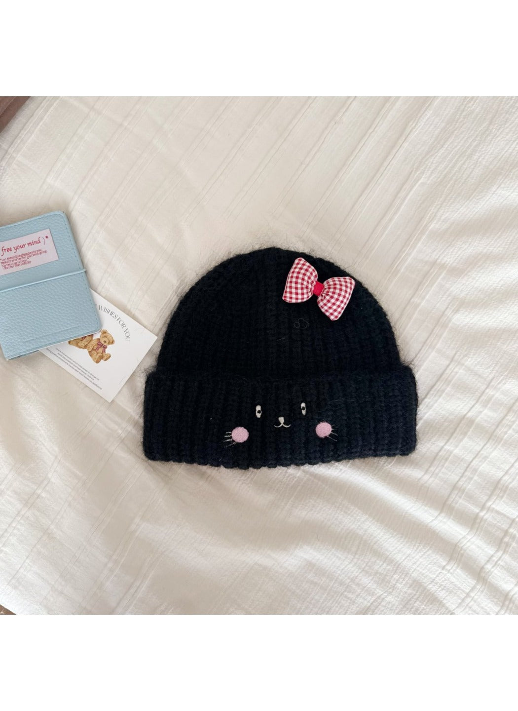 Haila - Cat Face Knit Beanie with Gingham Bow