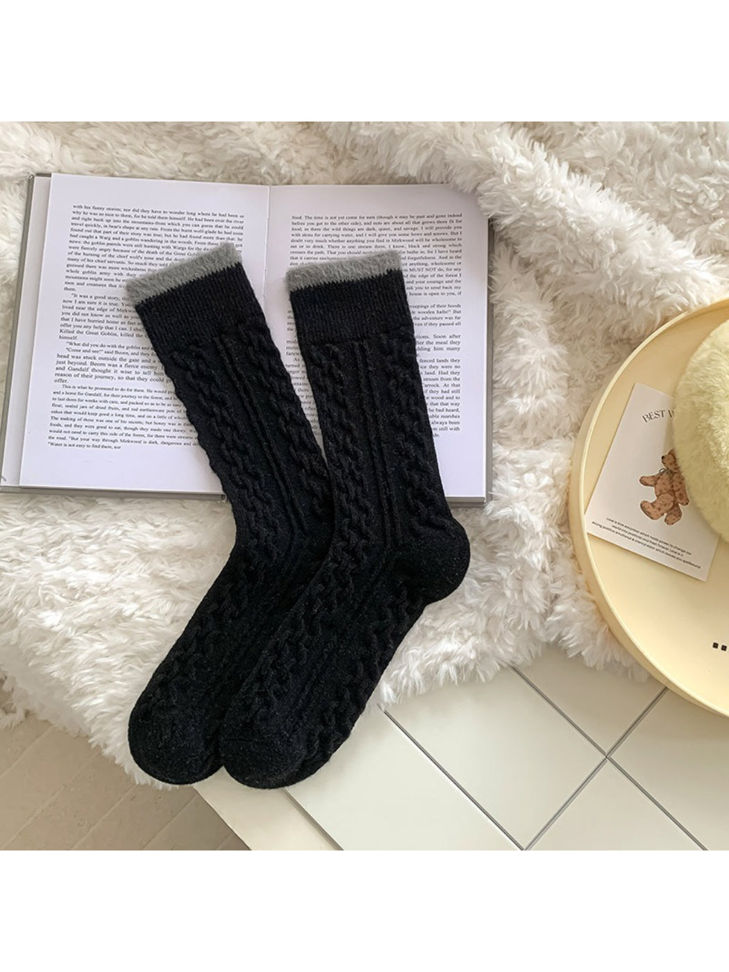 Rufia - Fuzzy Lined Cable Knit Crew Socks