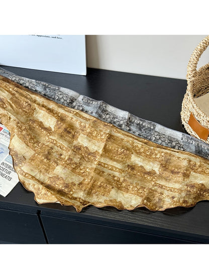 Scarvii - Distressed Style Wavy Trim Printed Triangle Scarf