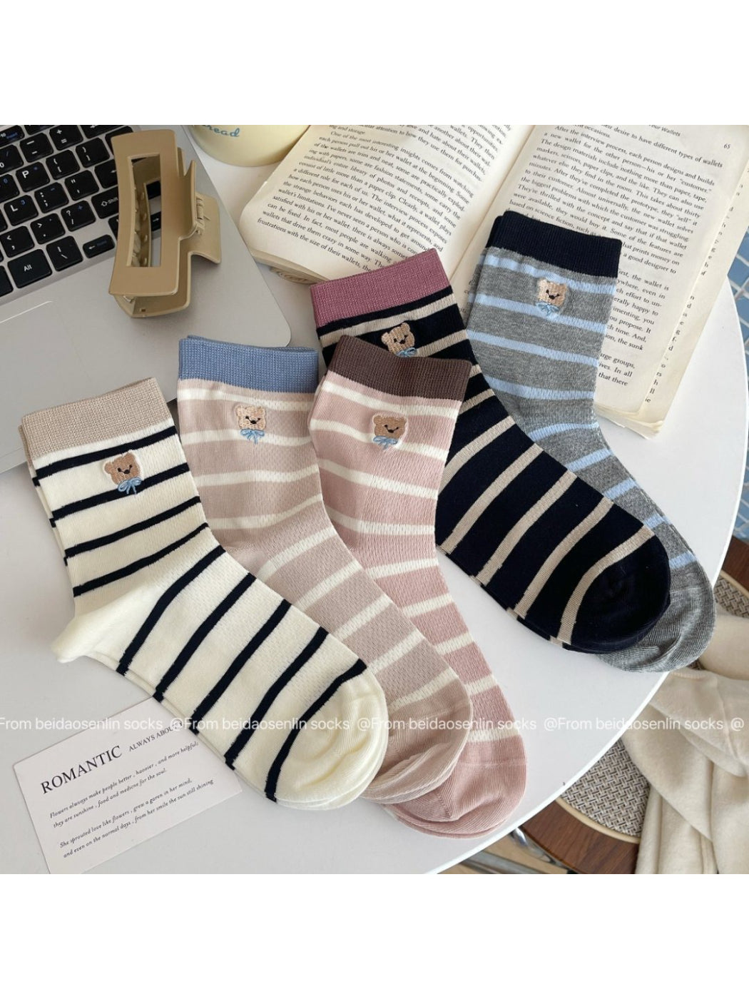 Rufia - Bear Patch Striped Crew Socks
