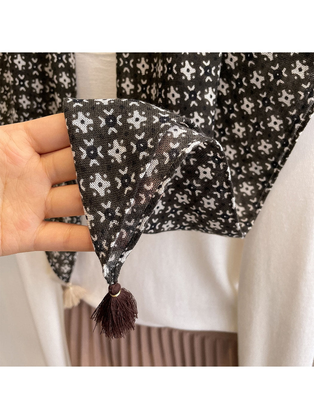 Scarvii - Muted Printed Geometric Tassel Square Scarf