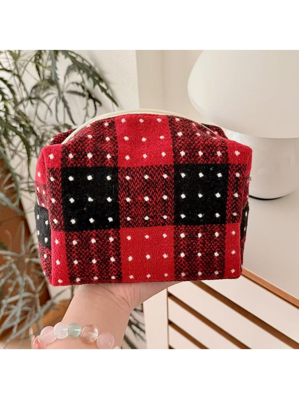 Cosbai - Plaid Polka Dots Handheld Women's Cosmetic Bag