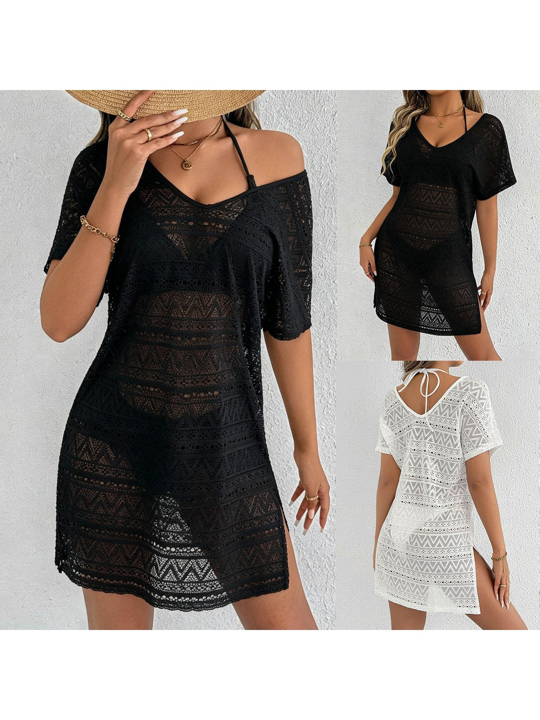 Crosa - Deep V Neck Side Slit Cover Up Dress