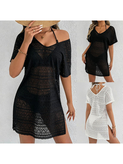 Crosa - Deep V Neck Side Slit Cover Up Dress