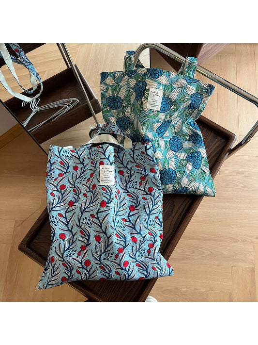 Cosbai - Retro Floral Print Open Top Tote Bag