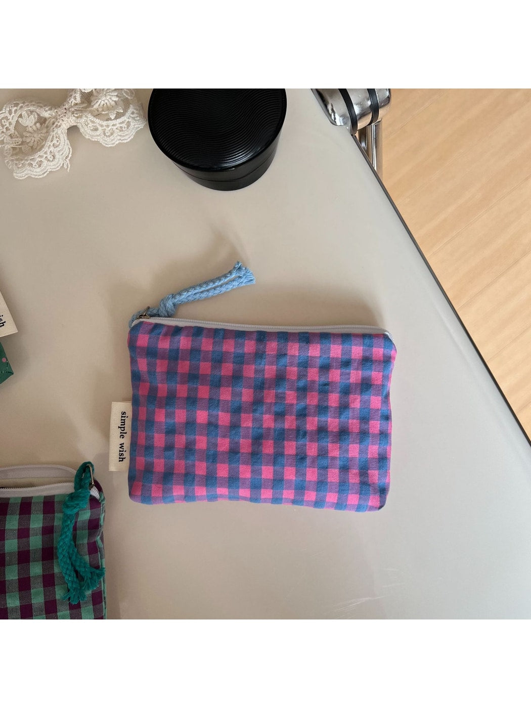 Cosbai - Polka Dot and Check Print Zip Pouch