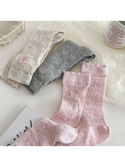 Rufia - Bow Embroidered Ruffle Cuff Heathered Crew Socks