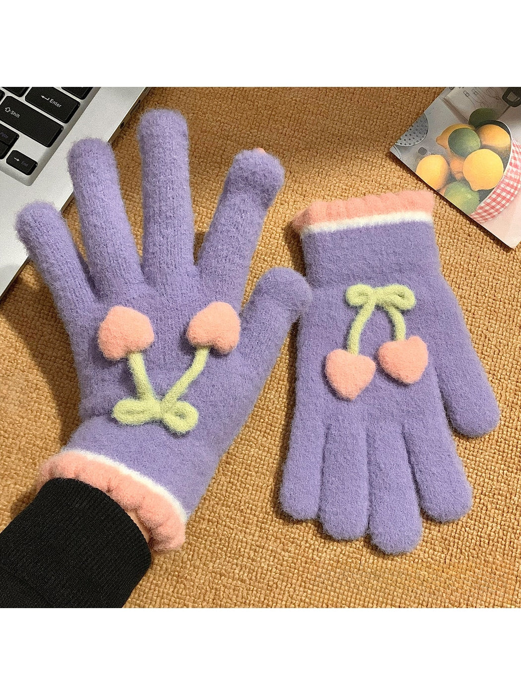 Gloving - Cherry Detail Five-Finger Winter Gloves