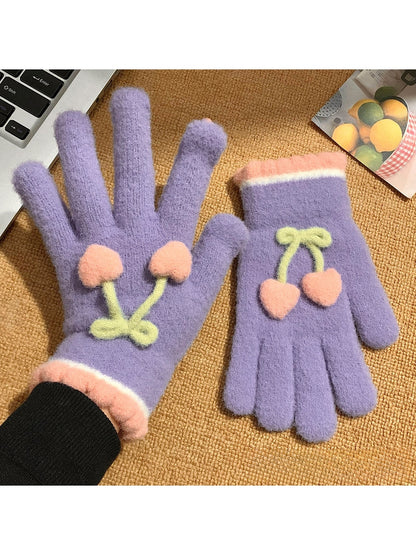 Gloving - Cherry Detail Five-Finger Winter Gloves