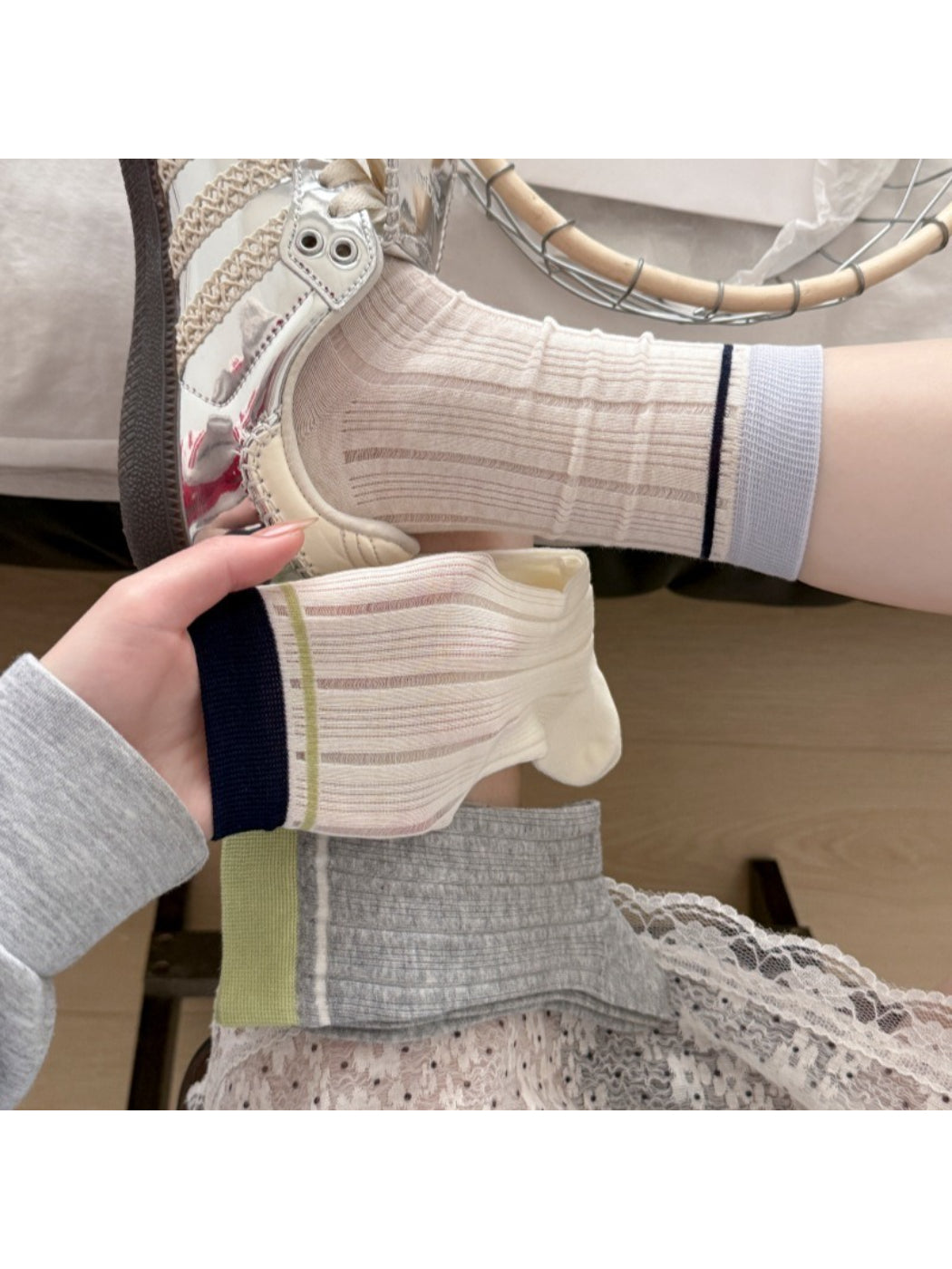 Rufia ribbed mesh color block slouch socks styled with rolled-up pants