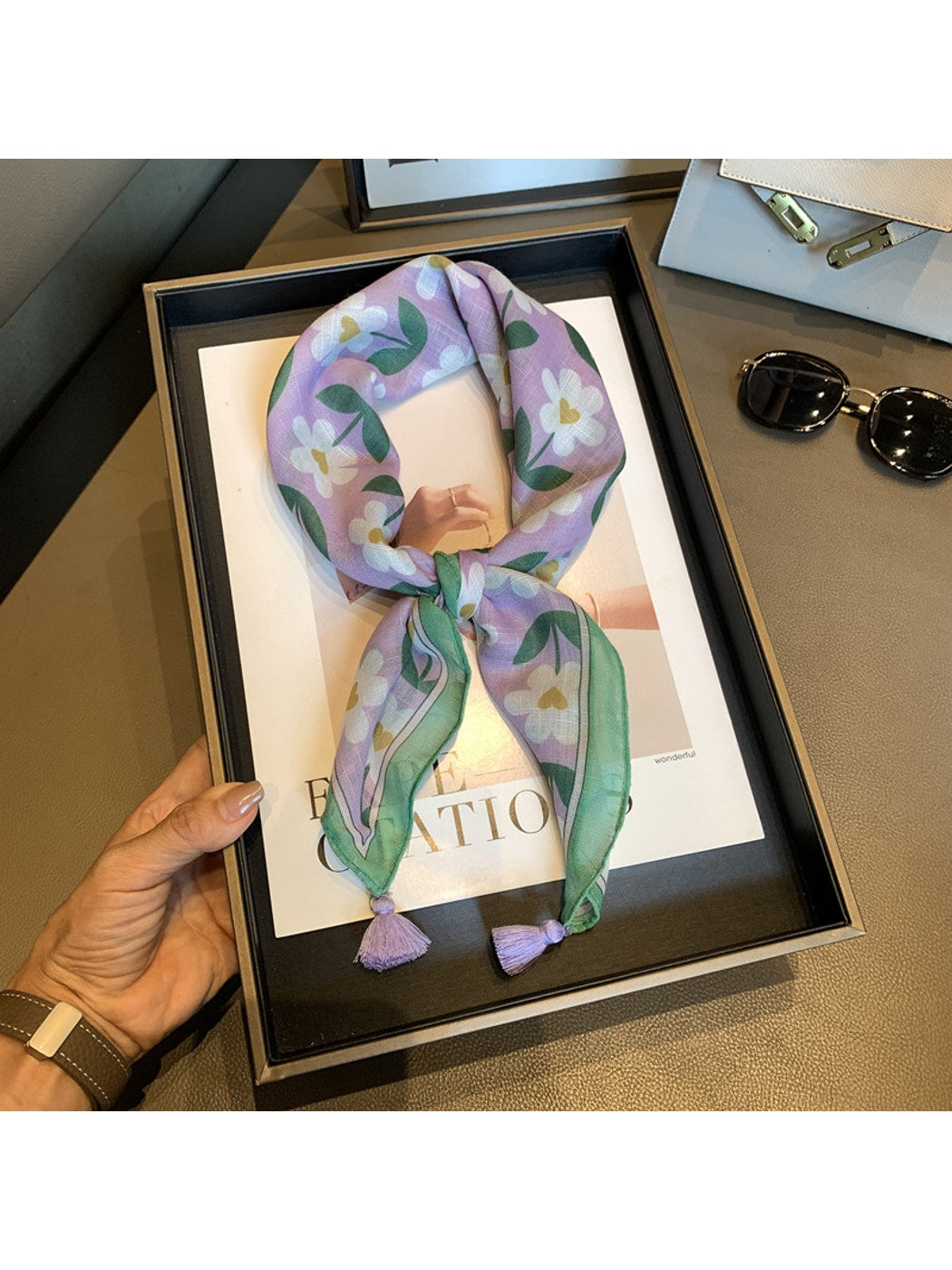 Scarvii - Plumeria Print Tassel Design Square Scarf