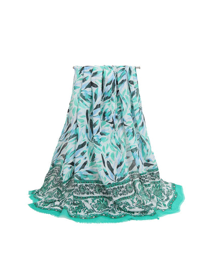 Scarvii - Layered Leaf Print Wrap Style Long Scarf