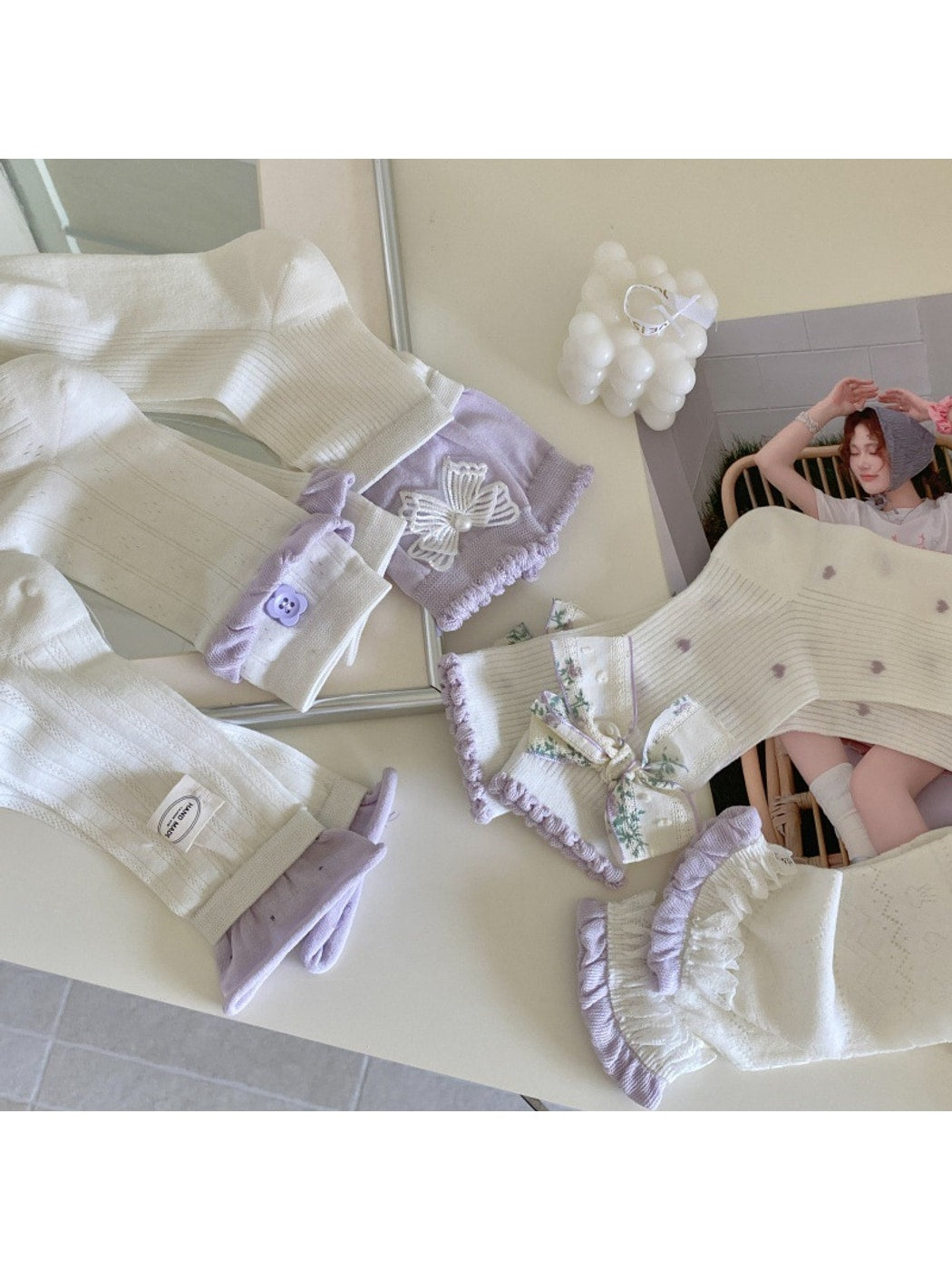 Rufia - Sweet Floral Bow Ruffle Openwork Crew Socks