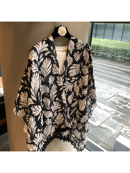 Scarvii - White Leaves Print Rectangular Scarf