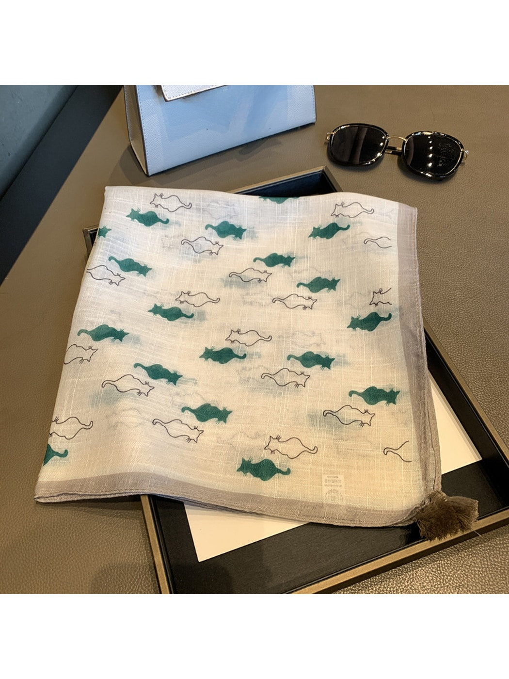 Scarvii - Cute Cat Print Tassel Design Square Scarf