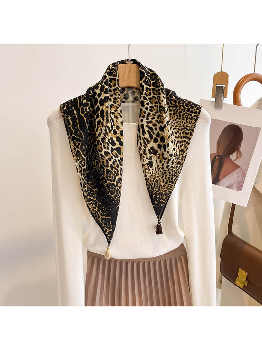 Scarvii - Leopard Print Tassel Trim Square Scarf