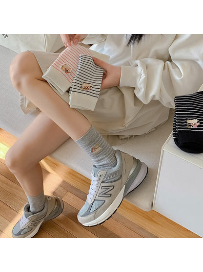 Rufia - Striped Puppy Embroidery Crew Socks