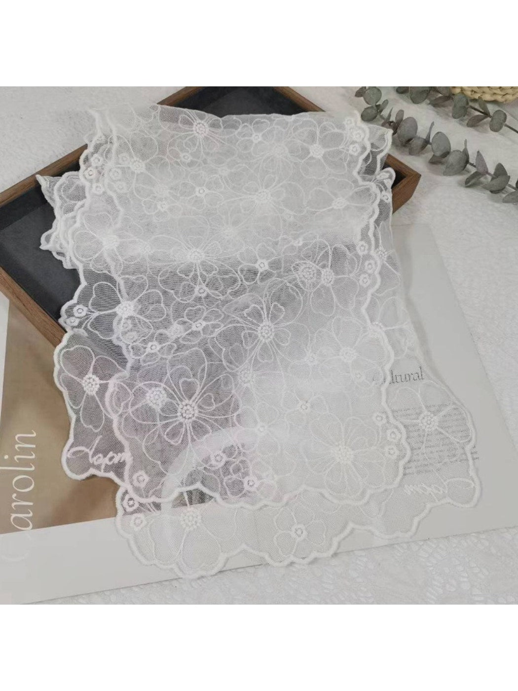Scarvii - Solid Color Floral Lace Long Scarf