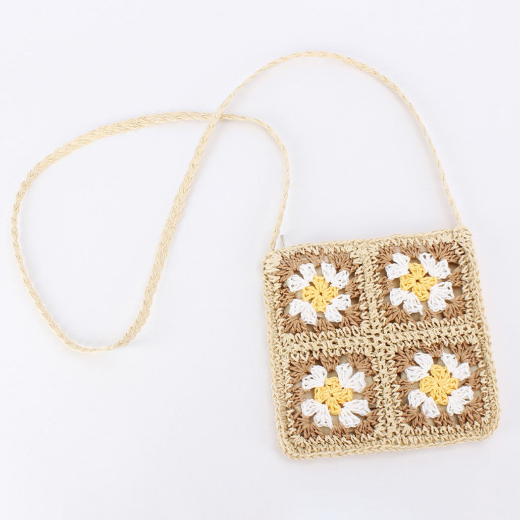 Cosbai - Boho Woven Flower Crossbody Bag With Zipper
