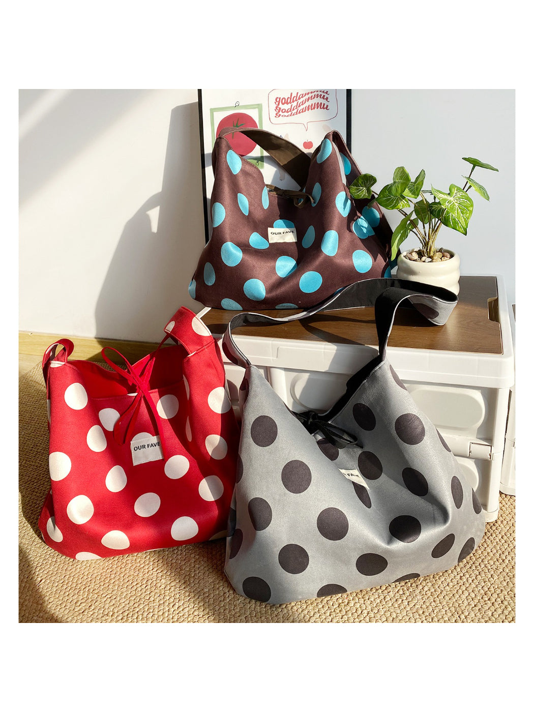 Side view of Cosbai Polka Dot Slouchy Shoulder Bag showing slouchy design