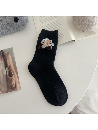 Rufia - Playful Puppy Pattern Plush Bow Crew Socks