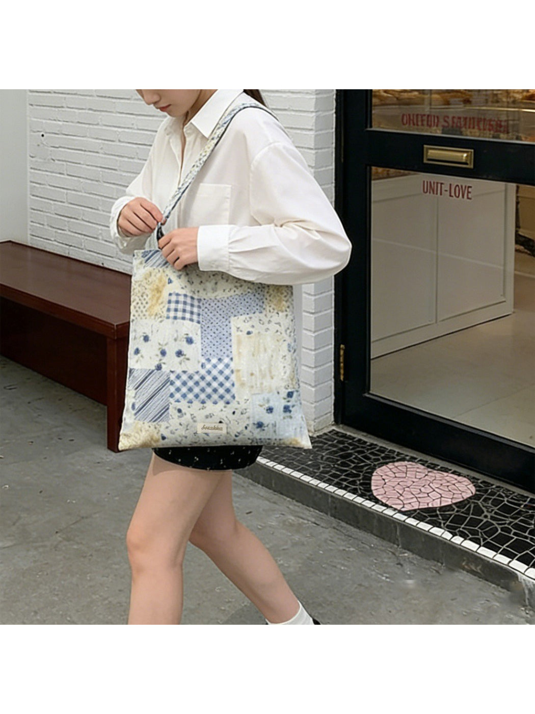 Cosbai Soft Floral Patchwork Shoulder Tote open showing interior lining and spacious