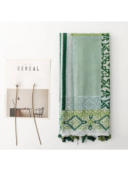 Scarvii - Green Geometric Patchwork Tassel Wrap Scarf