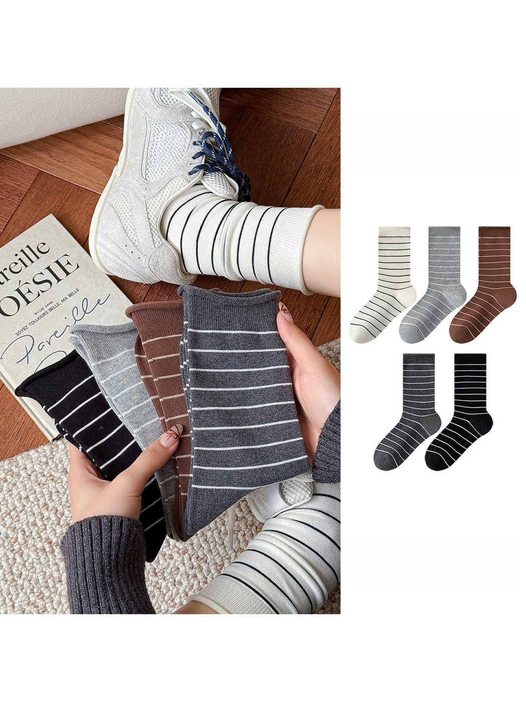 Rufia - Two-color Simple Line Pattern Crew Socks