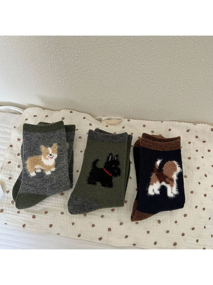 Rufia - Playful Dog Motif Colorblock Crew Socks
