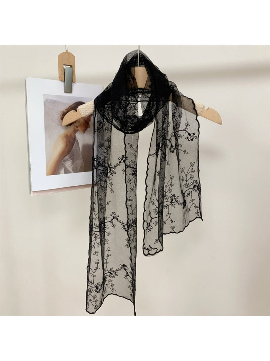 Scarvii - Floral Embroidered Solid Lace Long Scarf